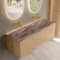 Badmeubel Mondiaz Kurve-Dlux | 130 cm | Meubelkleur Oak | Wastafelkleur Sombra | Solid surface | Wasbak beide zijden spoelbak | Zonder kraangat(en)