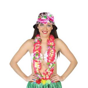 Carnaval verkleed set - Tropische Hawaii party - bucket hoedje - met bloemenslinger - volwassenen