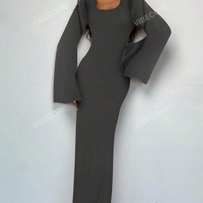 Bon & Bon Brown Square Neck Bodycon Long Dress - Flare Sleeve Mermaid Hem Dark Grey / XS