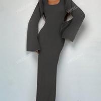 Bon & Bon Brown Square Neck Bodycon Long Dress - Flare Sleeve Mermaid Hem Dark Grey / XS