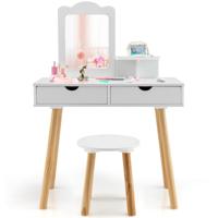 Kaptafelset voor Kinderen 2-In-1 Kaptafel Bureau en Kruk met Afneembare Spiegel 2 Laden Kam Houten Make-Upcommode Wit