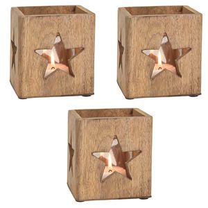 3x stuks houten windlichtje/theelichthouders met ster 12 cm