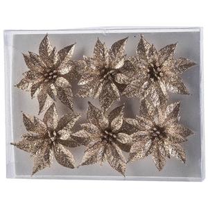 Bloemen op clip - 6x st - champagne - glitter - 8 cm - kerstversiering