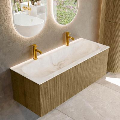 Badmeubel Mondiaz Kurve-Dlux | 120 cm cm | Meubelkleur Dusk | Wastafelkleur Frappe | Solid surface | Wasbak midden spoelbak | 2 kraangaten