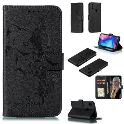 Feather patroon Litchi textuur horizontale Flip lederen draagtas met portemonnee & houder & kaartsleuven voor Xiaomi Redmi Note 7 (zwart)