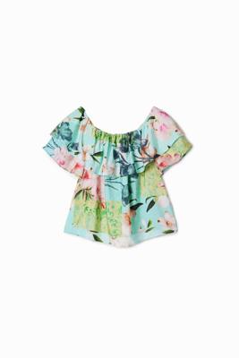 Blouse met ruches en bloemen - BLUE - M