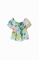 Blouse met ruches en bloemen - BLUE - M
