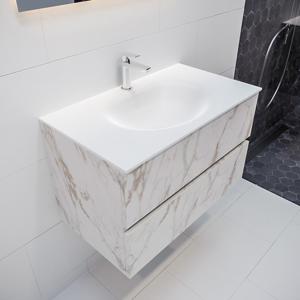 Mondiaz Vica Moon badmeubel wit carrara mat 80 cm 2 lades solid surface enkele spoelbak midden 1 kraangat