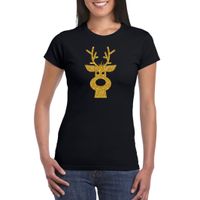 Rendier hoofd Kerst t-shirt zwart voor dames met gouden glitter bedrukking - thumbnail