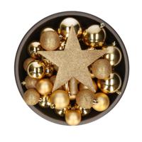 Bellatio Decorations kerstballen set - 34-dlg - goud - incl. piek - kunststof - thumbnail