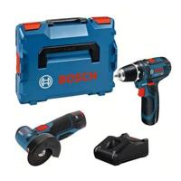 2 stuks BOSCH gereedschap boorschroevendraaier GSR 12V-15 + haakse slijper GWS 12V-76 + 2 accu's 2Ah 12V + lader in L-BOXX - thumbnail