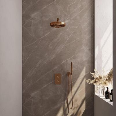BRAUER Stripe Thermostatische Inbouw Regendouche - 3-weg - rechthoekig - SET 13 - 25cm douchekop - rechte muurarm - staaf handdouche - doucheslang - wandaansluitbocht - koper geborsteld PVD 5-GK-389