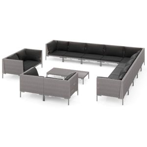 vidaXL 14-delige Loungeset met kussens poly rattan donkergrijs