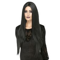 Zwarte lange luxe heksen/gothic pruik voor dames - thumbnail