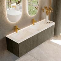 Badmeubel Mondiaz Kurve-Dlux | 155 cm cm | Meubelkleur Shadow | Wastafelkleur Ostra | Solid surface | Dubbel / Links spoelbak | 2 kraangaten