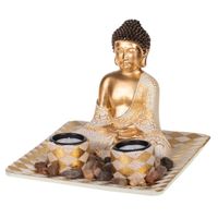 Boeddha beeld met waxinelichthouders voor binnen goud 21 cm    -