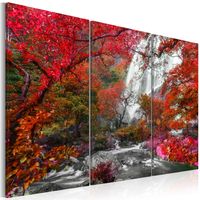 Schilderij - Prachtige Waterval in de Herfst, 3luik - thumbnail