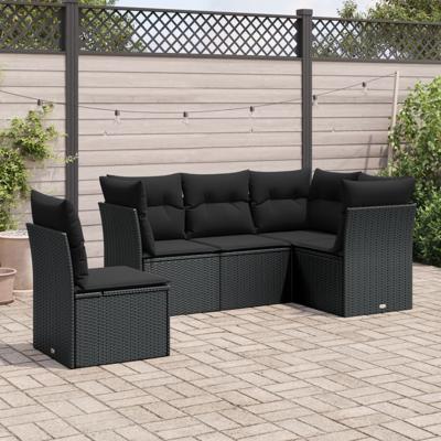 5-delige Loungeset met kussens poly rattan zwart