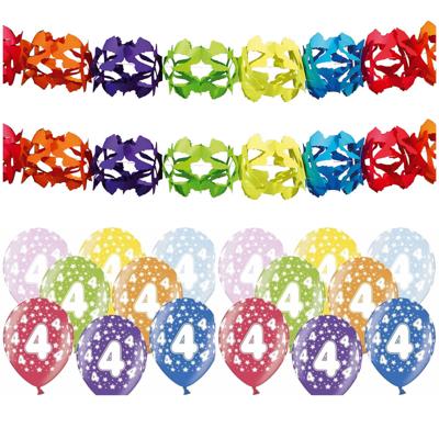 Partydeco 4 jaar feestartikelen pakket - 2x slingers en 12x ballonnen - verjaardag versiering