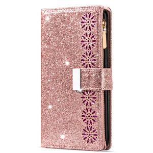 Samsung Galaxy A53 hoesje - Bookcase - Koord - Pasjeshouder - Portemonnee - Glitter - Bloemenpatroon - Kunstleer - Rose Goud