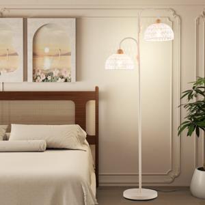 Moderne 2-Lamps Vloerlamp 350° Draaibare Schachtlamp met Voetschakelaar Geweven Kappen en 2 E27 Lampvoeten Zware Voet