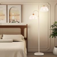 Moderne 2-Lamps Vloerlamp 350° Draaibare Schachtlamp met Voetschakelaar Geweven Kappen en 2 E27 Lampvoeten Zware Voet