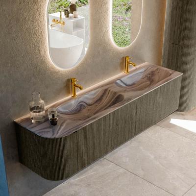 Badmeubel Mondiaz Kurve-Dlux | 175 cm | Meubelkleur Shadow | Wastafelkleur Sombra | Solid surface | Dubbel / Rechts spoelbak | 2 kraangaten