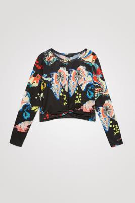 Gebloemd T-shirt met geplooide taille - BLACK - XL