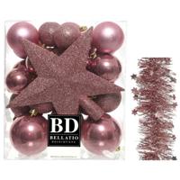Kerstversiering kerstballen 5-6-8 cm met ster piek en sterren slingers pakket oud roze van 35x stuks - Kerstbal - thumbnail
