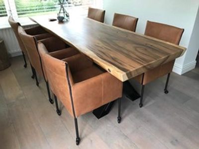 Set van 6 leren kuip eetkamerstoelen - met wieltjes - bruin leer - Echt leer, Modern, ontdek de vele Leersoorten en Kleuren bij ShopX