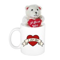 Valentijn cadeau I love you banner beker / mok 300 ml met beige knuffelbeertje met love hartje - thumbnail