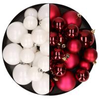 Kerstversiering kunststof kerstballen mix winter wit/donkerrood 6-8-10 cm pakket van 44x stuks - Kerstbal - thumbnail