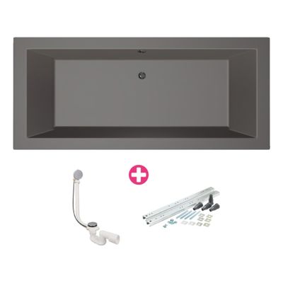 Ligbad Xenz Society | Inbouw | 200x90 cm | Incl.Badafvoer | Met overloop | Acryl | Antraciet mat