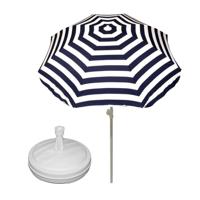 Parasol met voet van 12 liter - blauw/wit gestreept - polyester/kunststof - Dia 180 cm - verstelbaar