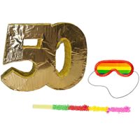 Pinata goud 50 jaar leeftijd + stok + masker