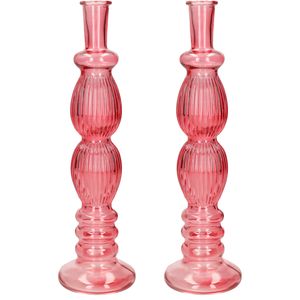 Bloemenvaas Florence - 2x - voor kleine stelen/boeketten - koraal rood glas - ribbel - D9 x H28 cm