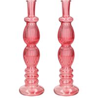 Bloemenvaas Florence - 2x - voor kleine stelen/boeketten - koraal rood glas - ribbel - D9 x H28 cm