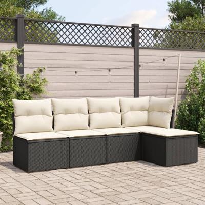 5-delige Loungeset met kussens poly rattan zwart