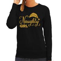 Foute kersttrui/sweater voor dames - Naughty Girl - zwart - glitter goud - Kerstmuts