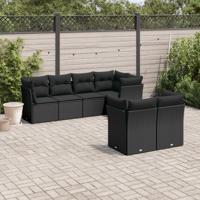 7-delige Loungeset met kussens poly rattan zwart