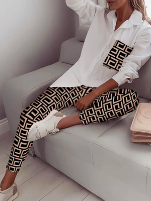 Casual Shirt Collar Color Block Two-Piece Set
