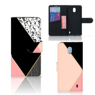 Nokia 1 Plus | Book Case | Zwart Roze Vormen