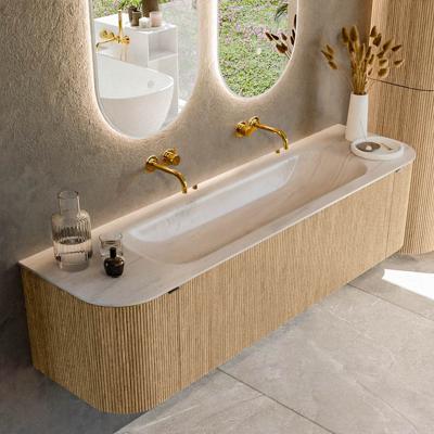 Badmeubel Mondiaz Kurve-Dlux | 170 cm | Meubelkleur Oak | Wastafelkleur Meli | Solid surface | Wasbak midden spoelbak | Zonder kraangat(en)