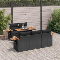 6-delige Loungeset met kussens poly rattan acacia zwart