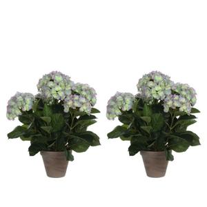 Mica Decorations Kunstplant Hortensia - 2x - groen/paars - 45 cm - in pot
