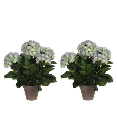 Mica Decorations Kunstplant Hortensia - 2x - groen/paars - 45 cm - in pot