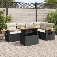 6-delige Loungeset met kussens poly rattan acacia zwart