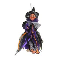 Halloween decoratie heksen pop op bezem - 25 cm - zwart/paars - thumbnail