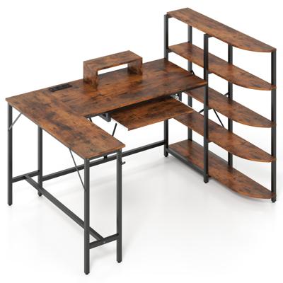 L-vormige Bureau met Opbergvakken Hoekcomputerbureau met Oplaadstation Gamingtafel Rustiek Bruin