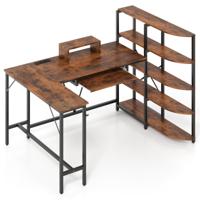 L-vormige Bureau met Opbergvakken Hoekcomputerbureau met Oplaadstation Gamingtafel Rustiek Bruin